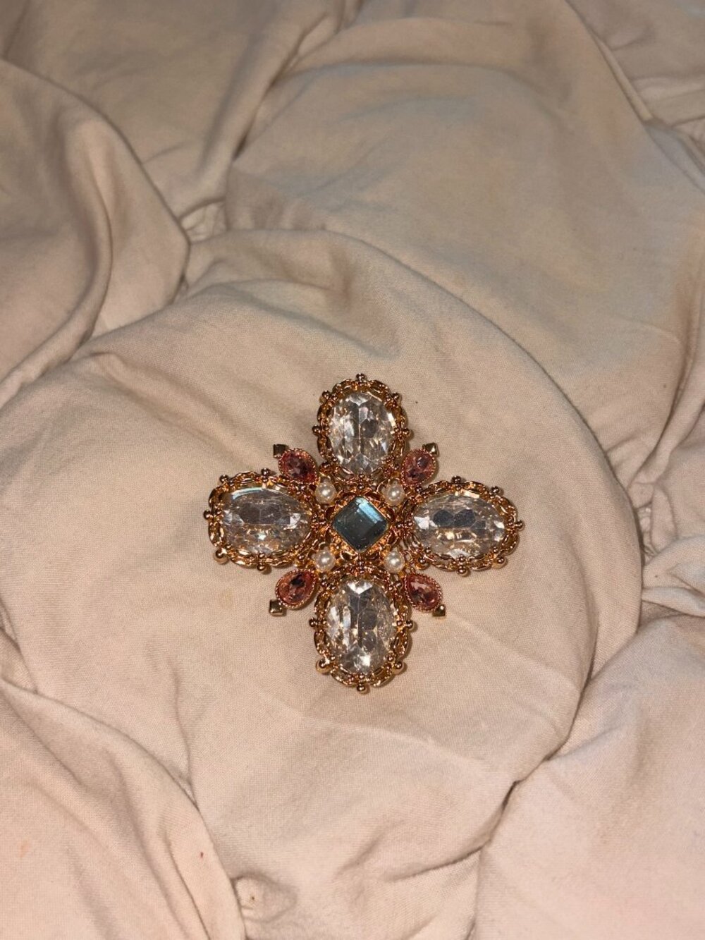 Anthropologie Vintage Maltese Cross Rhinestone Brooch Pin Gold Pearl